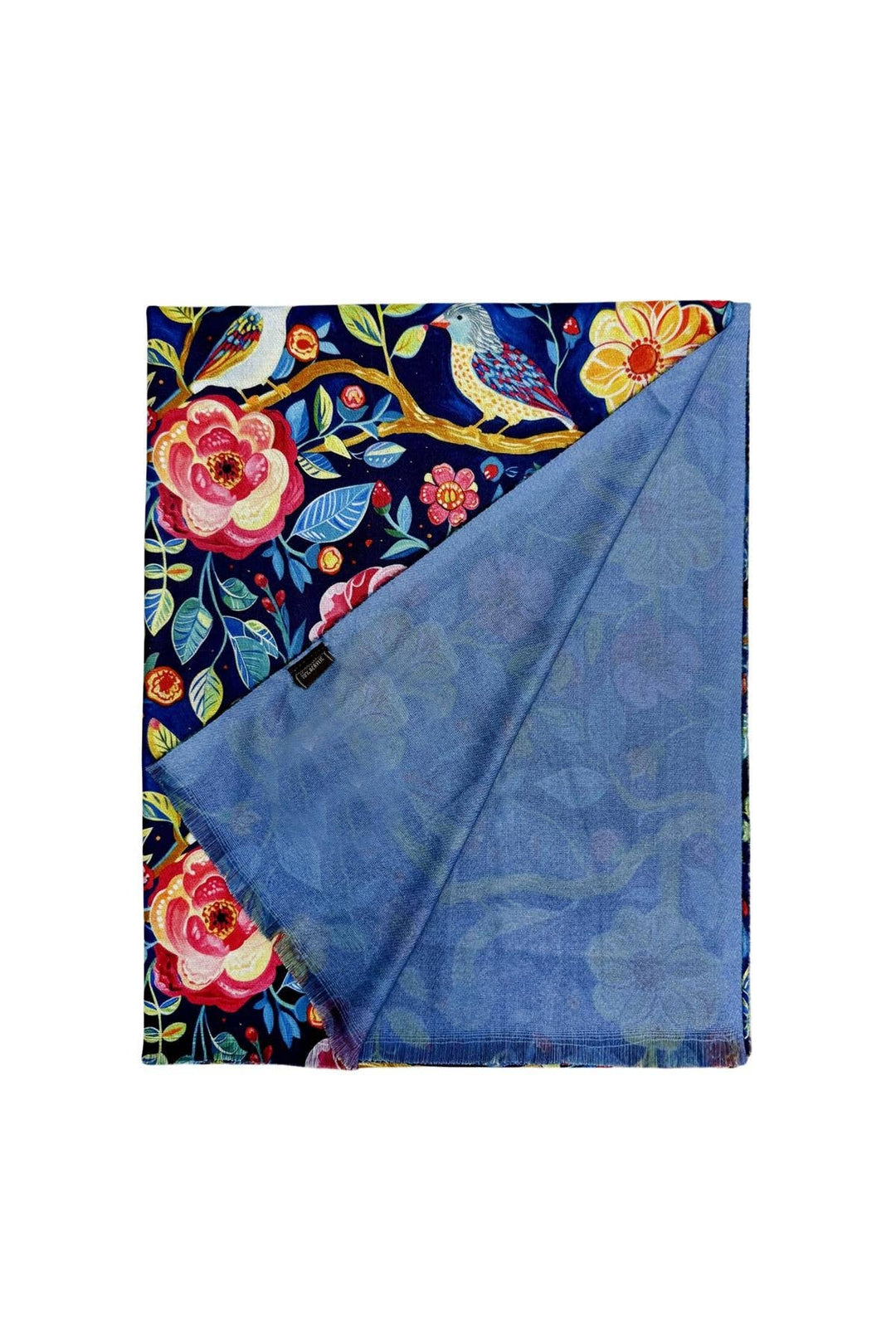 Enchanting Bird & Floral Print Wool Frayed Scarf