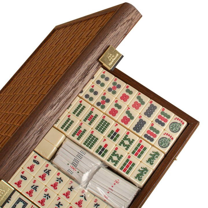 Premium Mahjong Tiles Set in Knitted Leather Wooden Case