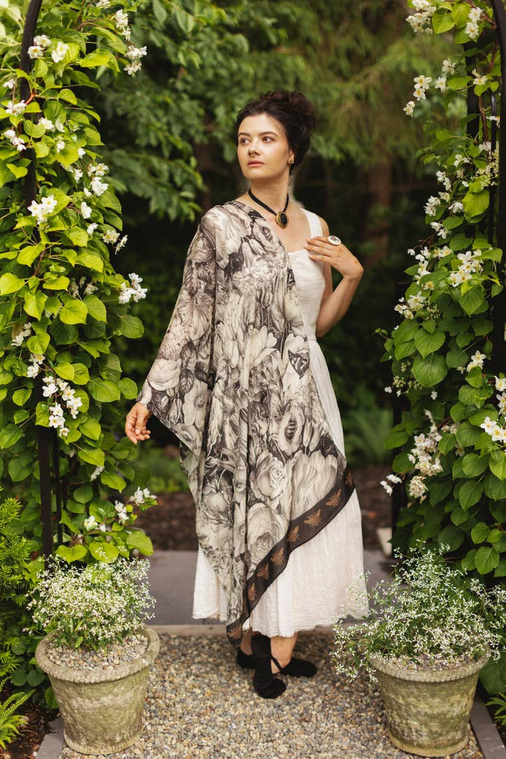 Honey & The Moon Scarf with Neutral Floral Print & Bees