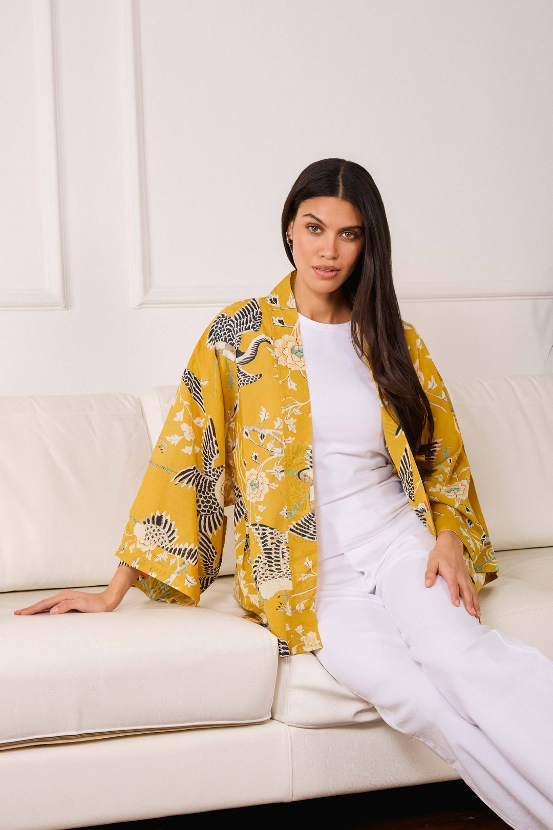 Mustard Dynastic Bird Print Light Weight Kimono