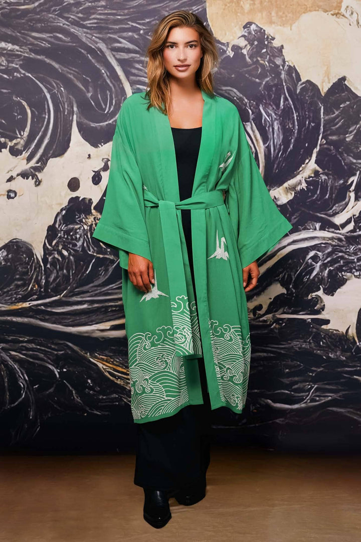 Origami and Hokusai Wave Embroidered Fully Lined Island Green Long Kimono