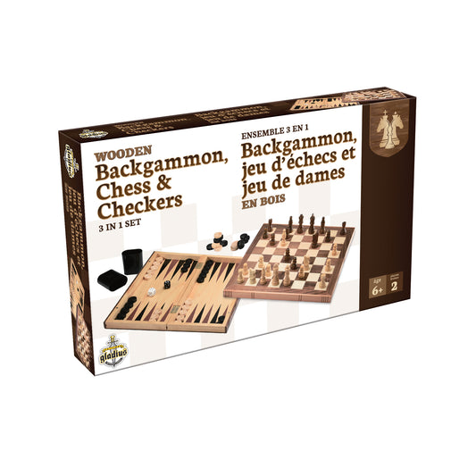 Ensemble de backgammon, d'échecs et de dames en bois 