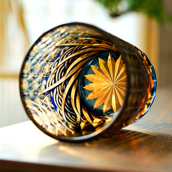 Edo Kiriko Handcrafted Blue Amber Whiskey Glass With Wooden Box- Amber Starry Sea