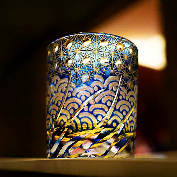 Edo Kiriko Handcrafted Blue Amber Whiskey Glass With Wooden Box- Amber Starry Sea