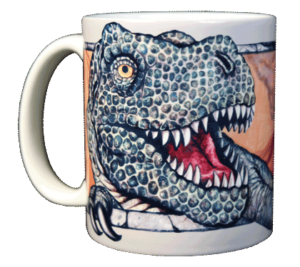 T-Rex Ceramic Mug, Orange Background