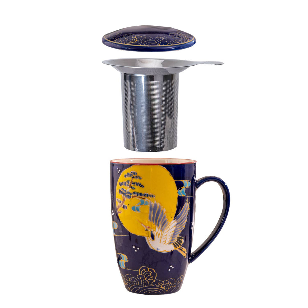 Japanese Crane Design 15oz Tea Mugs with Lid and Infuser