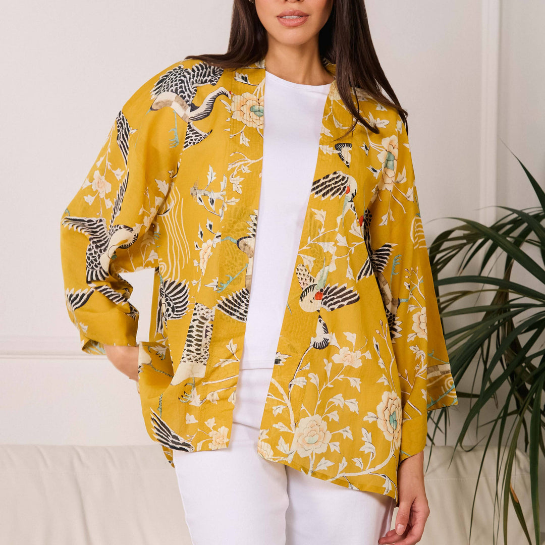 Mustard Dynastic Bird Print Light Weight Kimono