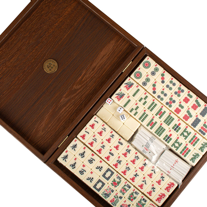 Premium Mahjong Tiles Set in Knitted Leather Wooden Case