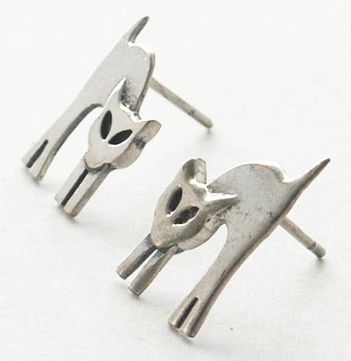 Arching Cat  Earrings - Silver