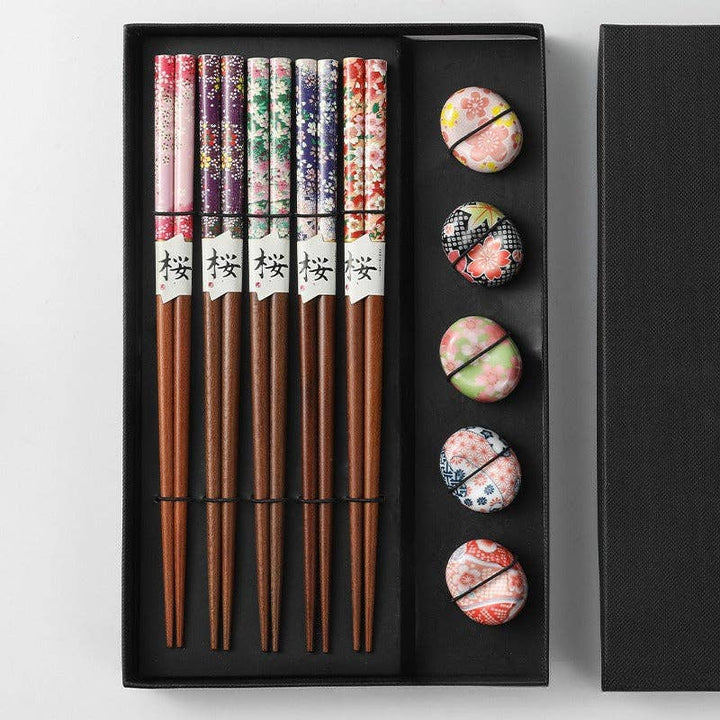 Set of 5 Pairs of Japanese Cherry Blossom Wooden Chopsticks and Rests