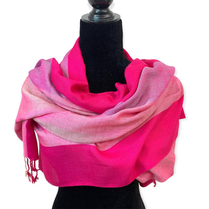 Wide Striped Handwoven Viscose Scarf - Pink & Fuchsia