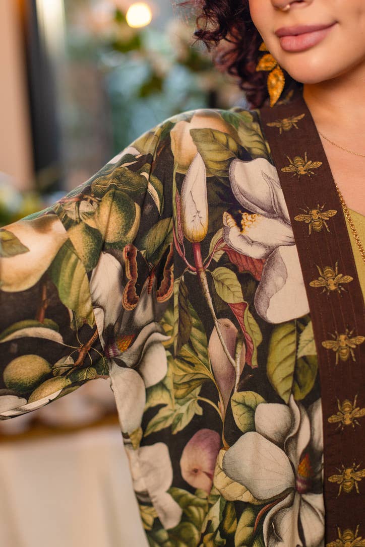 Fleur De Lune Pixie Duster Crop Kimono w/ Florals & Bees