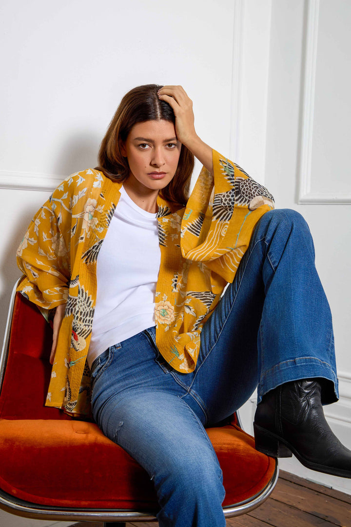 Mustard Dynastic Bird Print Light Weight Kimono