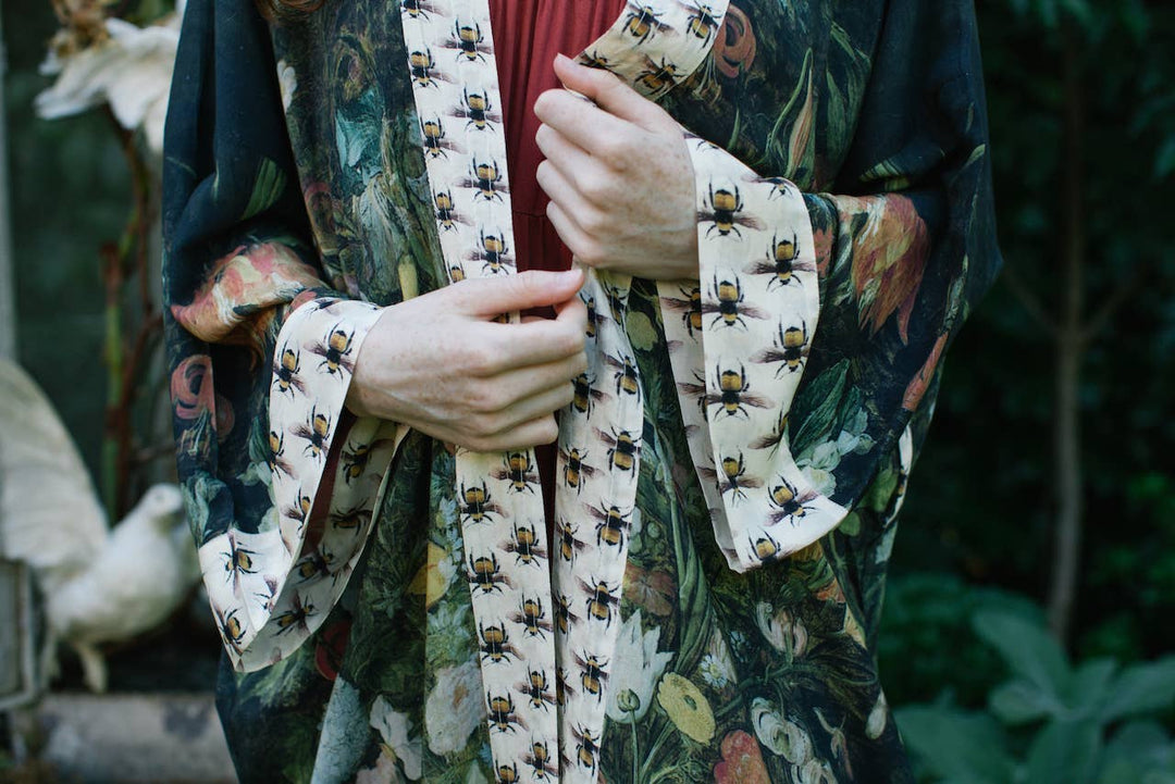 I Dream In Flowers Opera Duster Kimono Robe with Bees