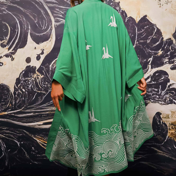 Origami and Hokusai Wave Embroidered Fully Lined Island Green Long Kimono