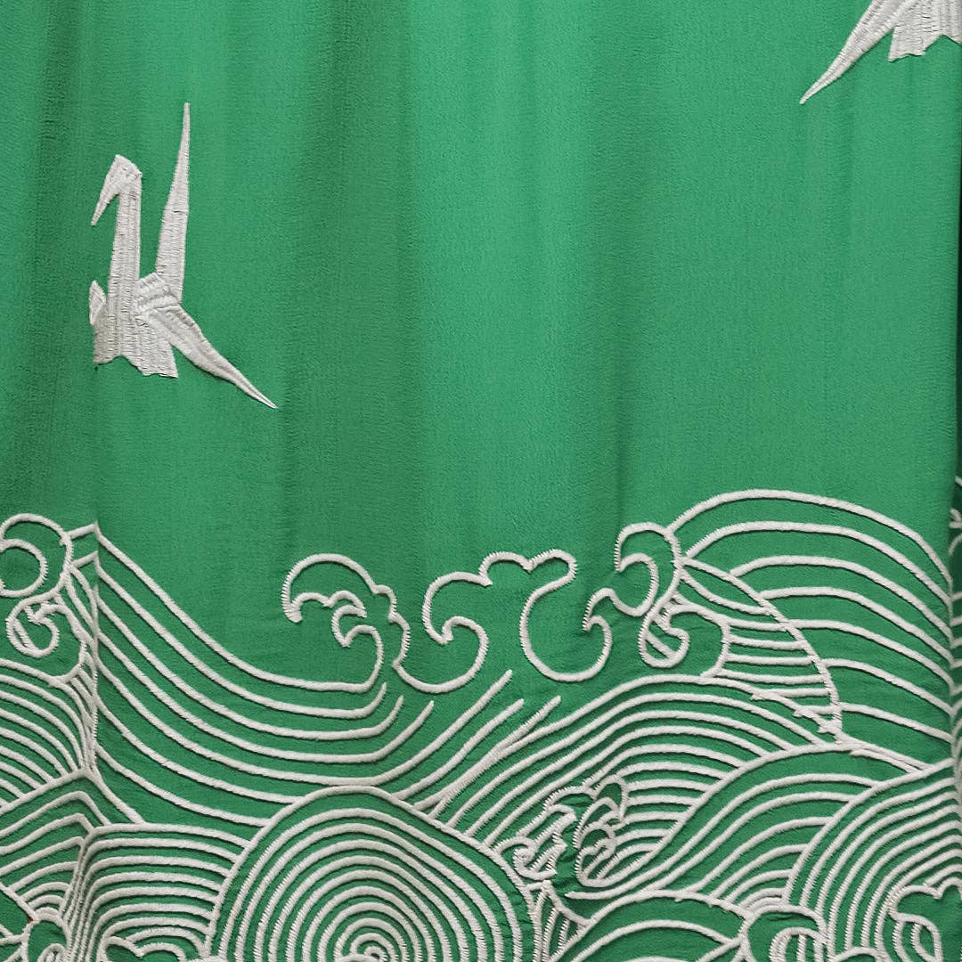 Origami and Hokusai Wave Embroidered Fully Lined Island Green Long Kimono