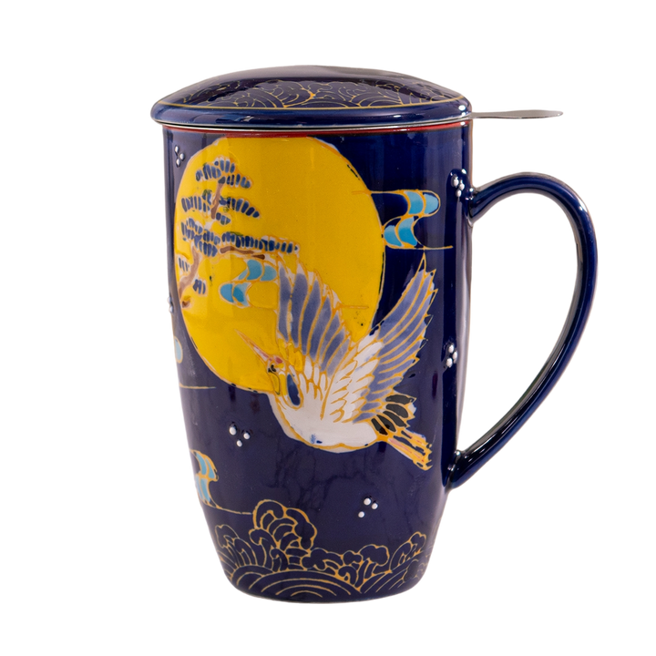 Japanese Crane Design 15oz Tea Mugs with Lid and Infuser