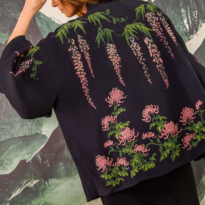 Wisteria & Chrysanthemum Embroidered Black & Pink Fully Lined Short Kimono