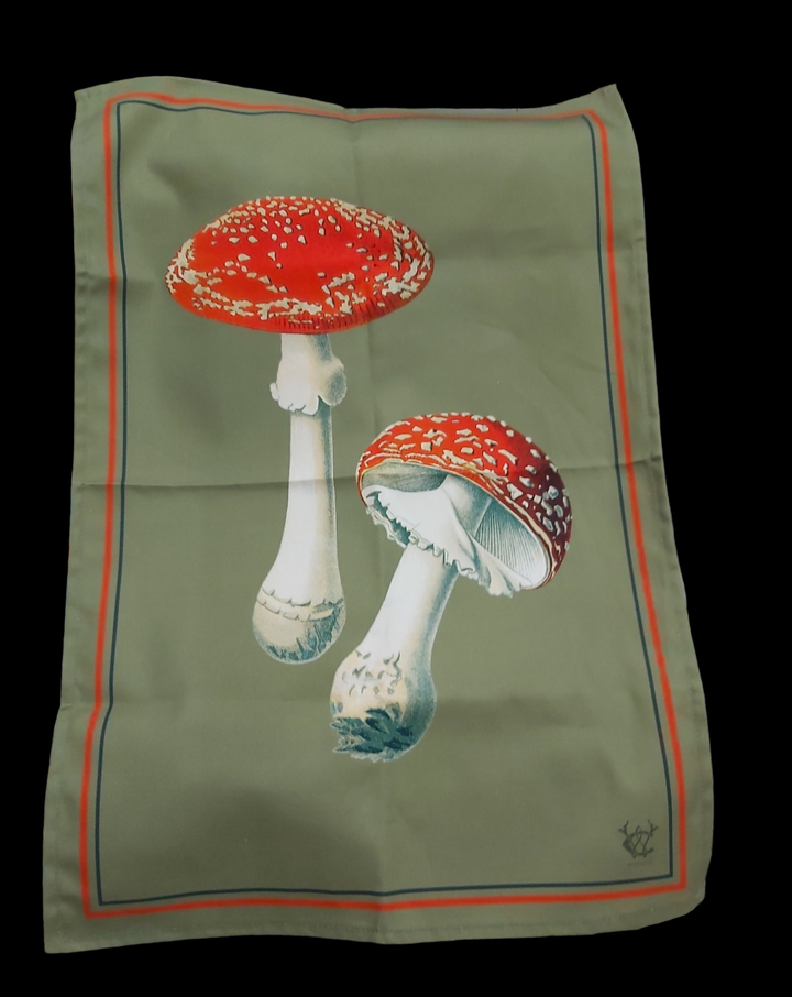 Amanita Muscaria Olive Tea Towel Antique Illustration
