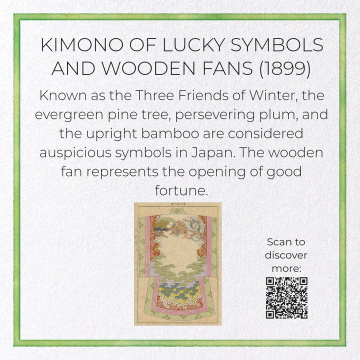 KIMONO OF LUCKY SYMBOLS AND WOODEN FANS (1899): Japanese Greeting Card