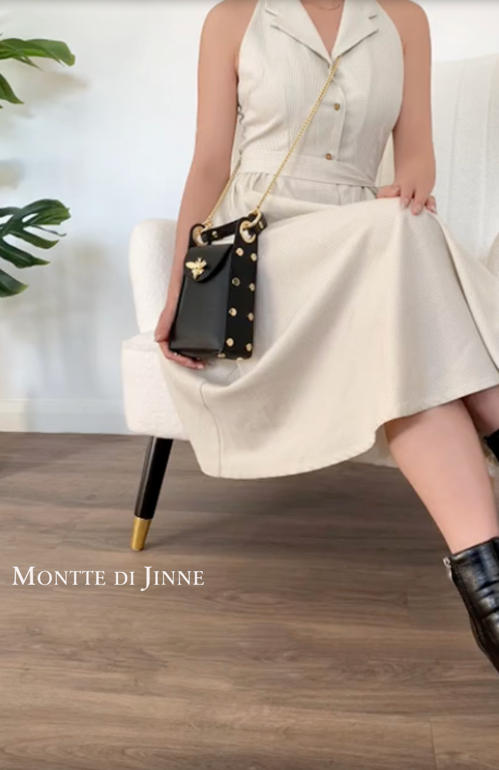 Italian Genuine Leather Mini Bee Bag with Gold Chain Strap