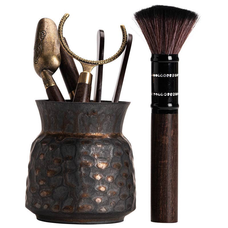 Wooden Gongfu Tea Tools Set with Black Gold Holder