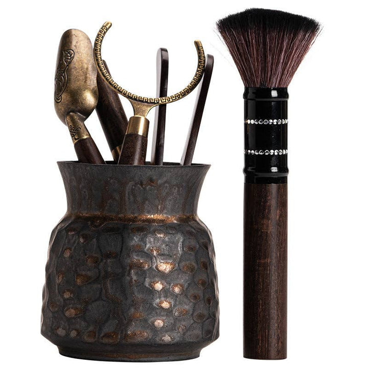 Wooden Gongfu Tea Tools Set with Black Gold Holder