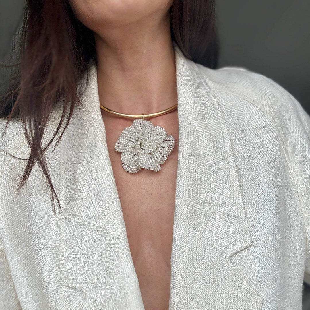 Genuine Pearl Beaded Floral Apliqué Choker