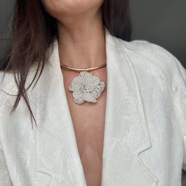 Genuine Pearl Beaded Floral Apliqué Choker
