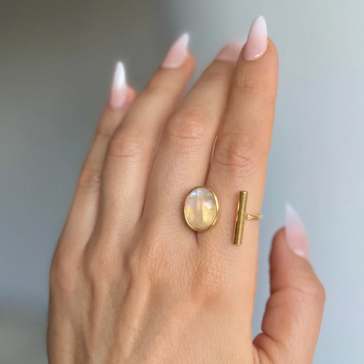 Rainbow Moonstone Ring | 10x13mm Oval | GF | Adjustable