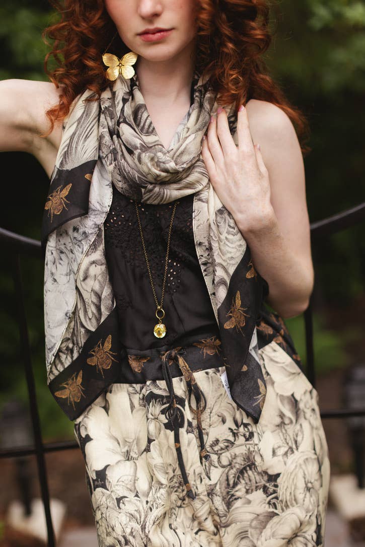 Honey & The Moon Scarf with Neutral Floral Print & Bees