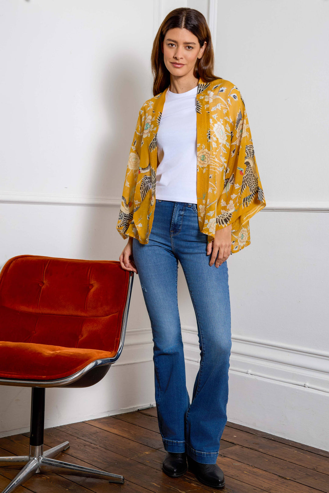 Mustard Dynastic Bird Print Light Weight Kimono