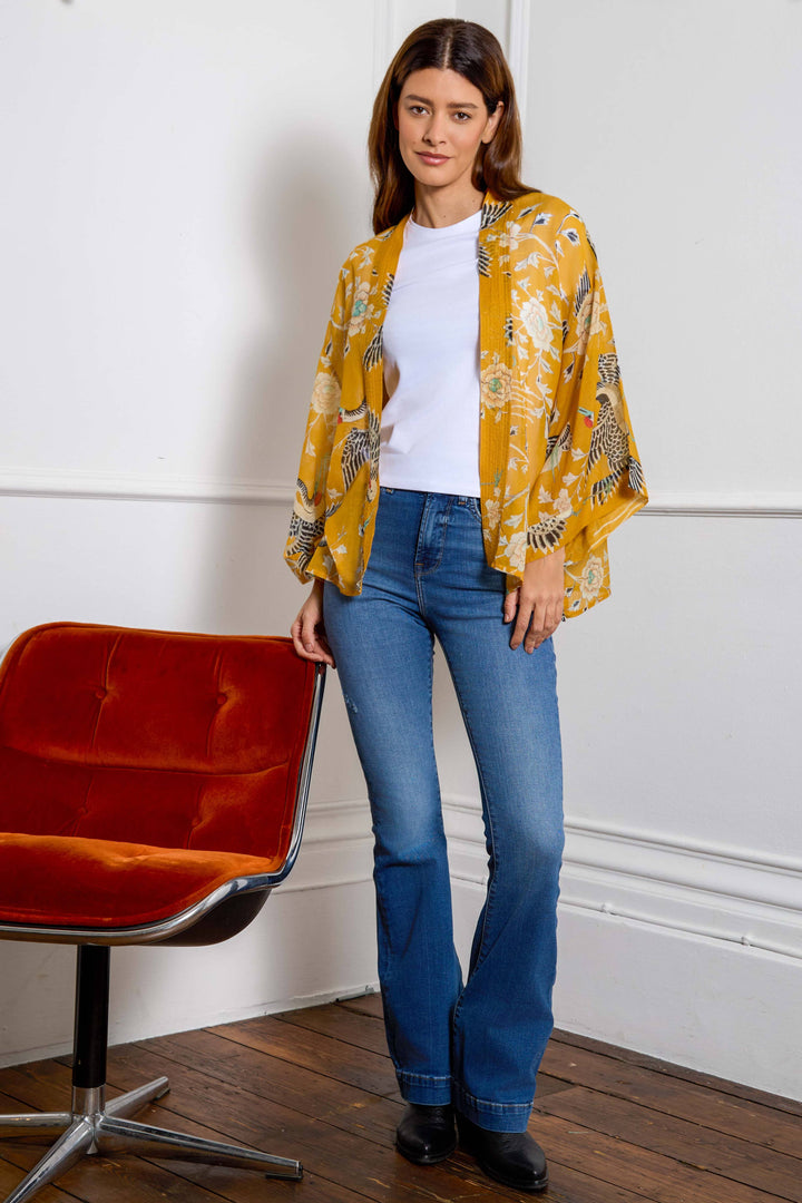 Mustard Dynastic Bird Print Light Weight Kimono