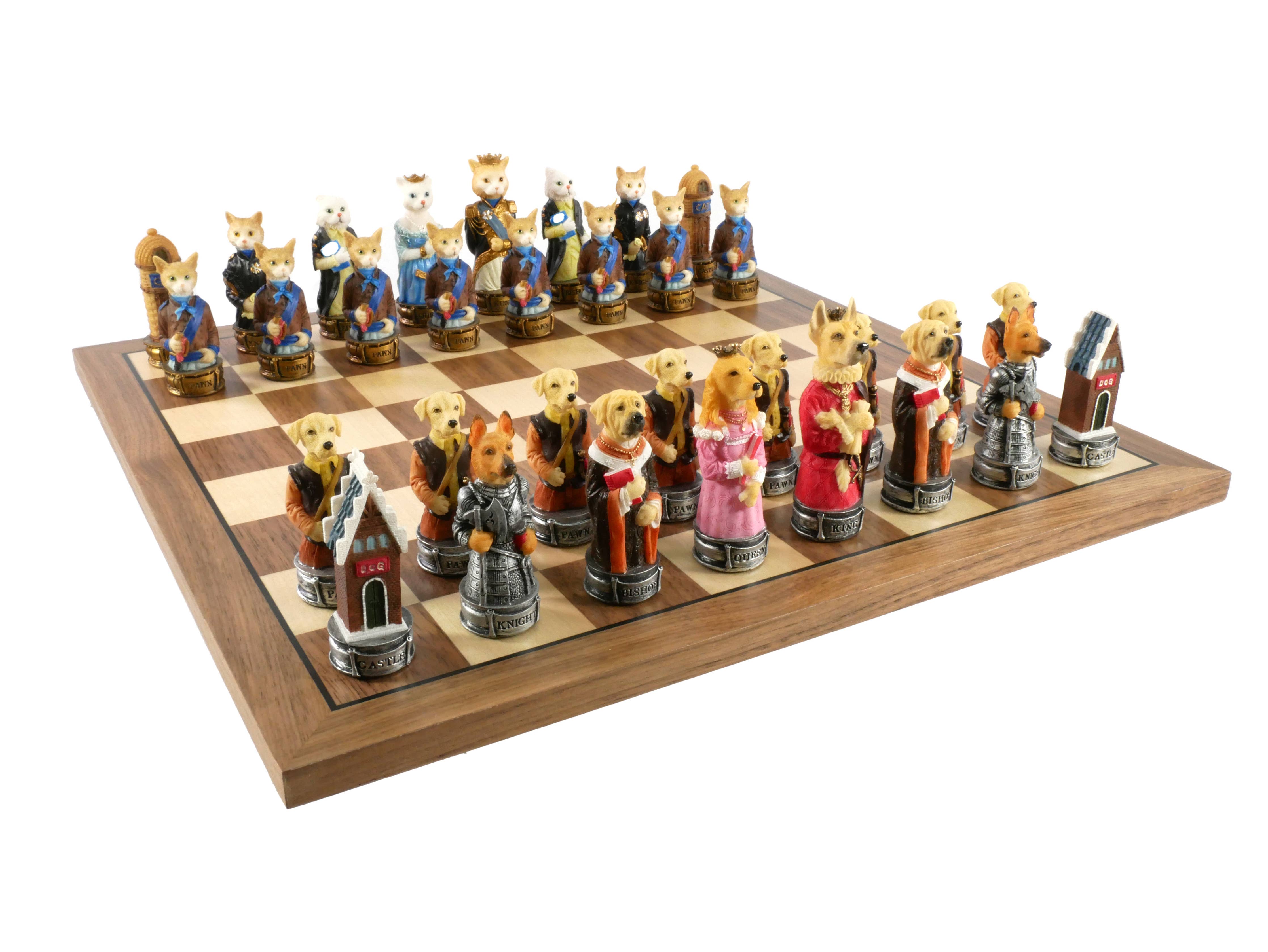 Chess Set - Cats & Dogs Resin Men on Walnut Maple Board – ROM Boutique