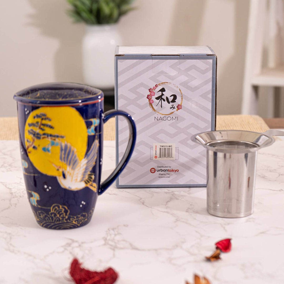 Japanese Crane Design 15oz Tea Mugs with Lid and Infuser