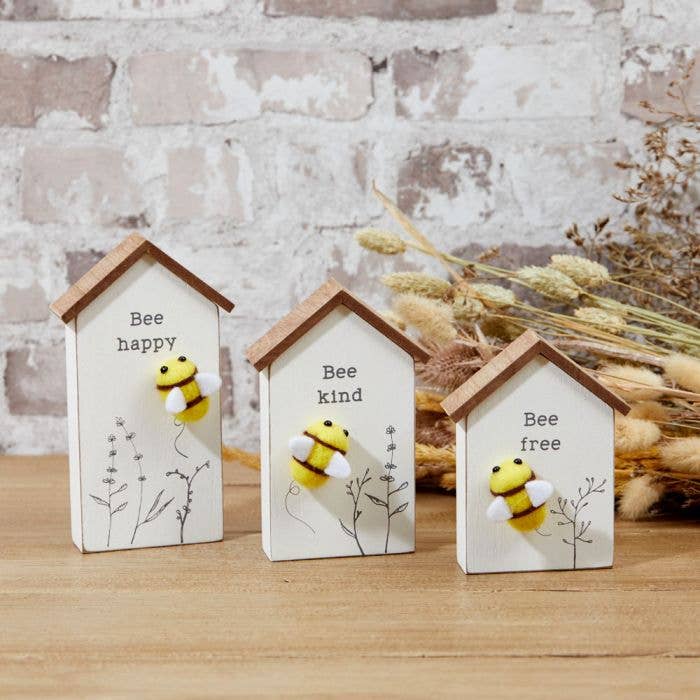 Bee House Block Set of 3 White Wood With 3D Fabric Bee & Quote