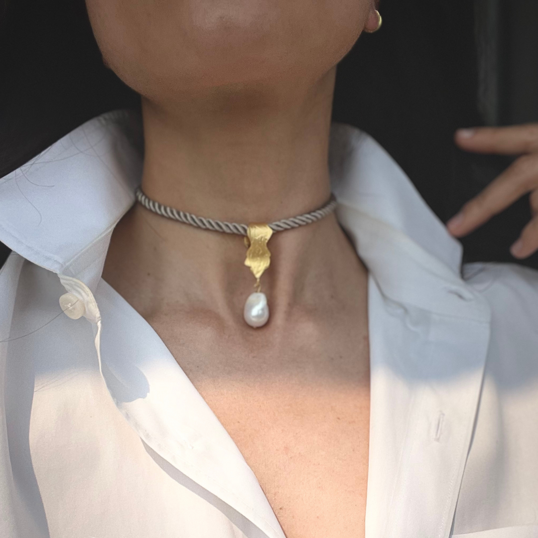 CLARITY Grey Silk Rope + Pearl Choker | Adjustable