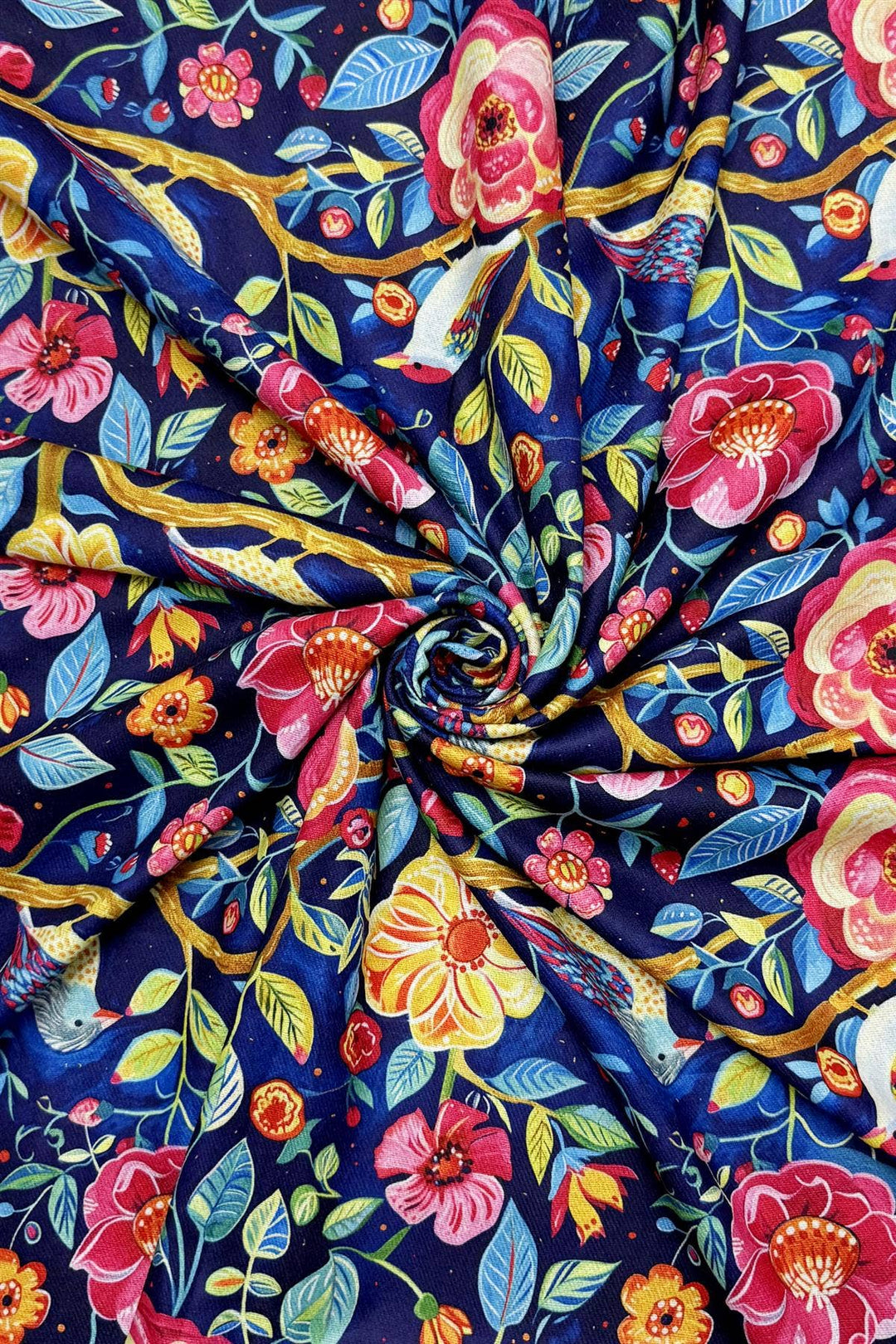 Enchanting Bird & Floral Print Wool Frayed Scarf