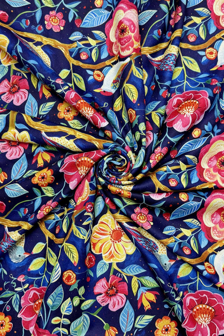 Enchanting Bird & Floral Print Wool Frayed Scarf