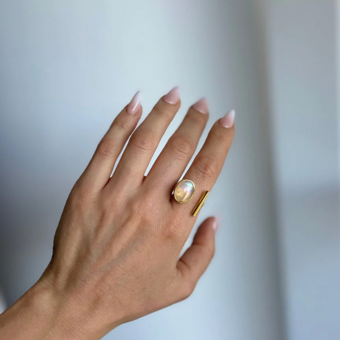 Rainbow Moonstone Ring | 10x13mm Oval | GF | Adjustable