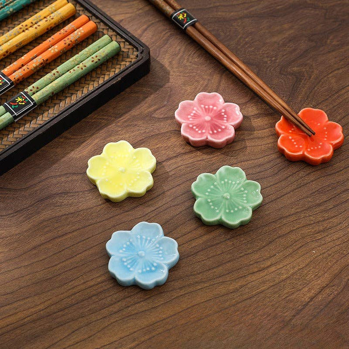 Set of 5 Pairs of Japanese Golden Flowers Wooden Chopsticks and Rests