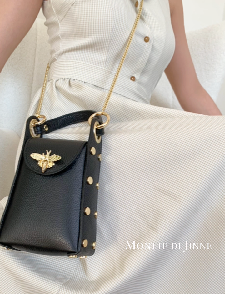 Italian Genuine Leather Mini Bee Bag with Gold Chain Strap