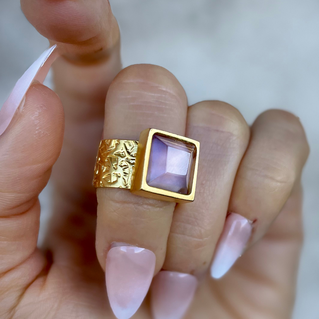 PRESENCE Amethyst 10mm Square Cut | 24k GF | Adjustable Ring