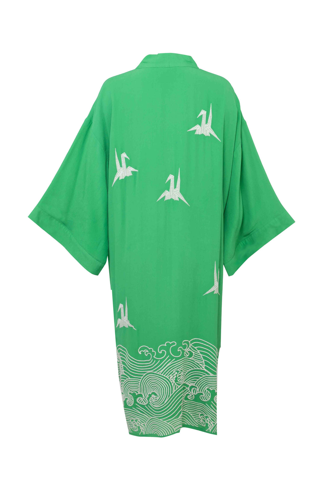 Origami and Hokusai Wave Embroidered Fully Lined Island Green Long Kimono
