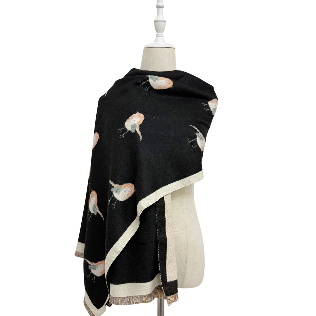 Robin Bird Print Wool Frayed Scarf