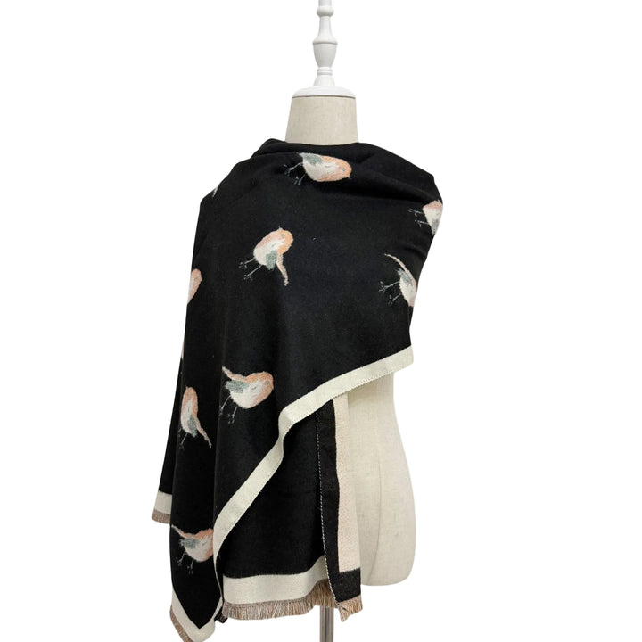 Robin Bird Print Wool Frayed Scarf
