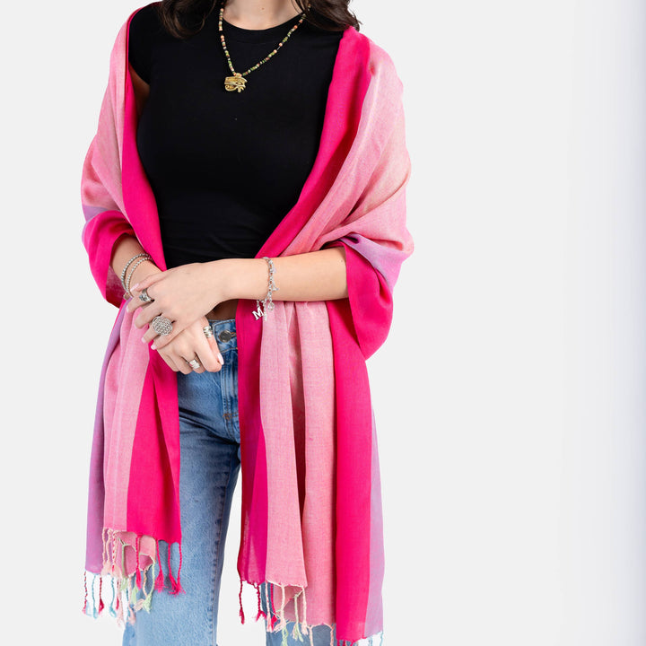 Wide Striped Handwoven Viscose Scarf - Pink & Fuchsia