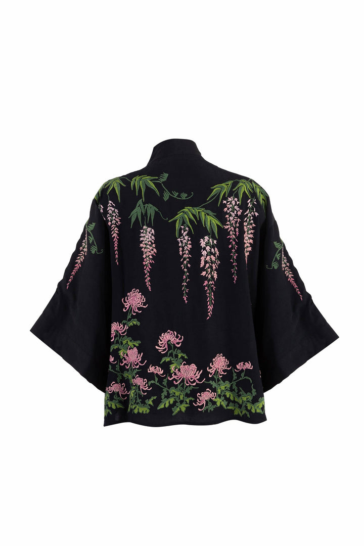Wisteria & Chrysanthemum Embroidered Black & Pink Fully Lined Short Kimono