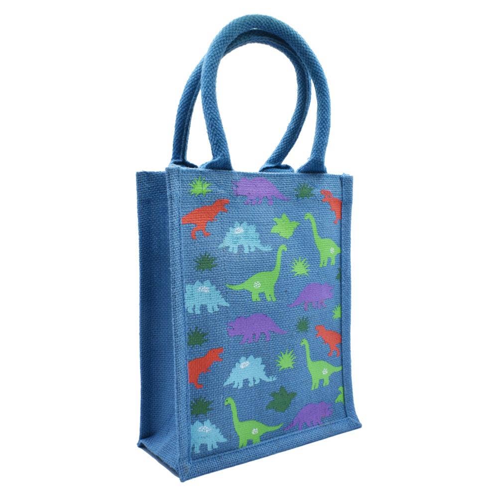 Jute Shopping Bag, Small, Dinosaurs Blue 20x25cm