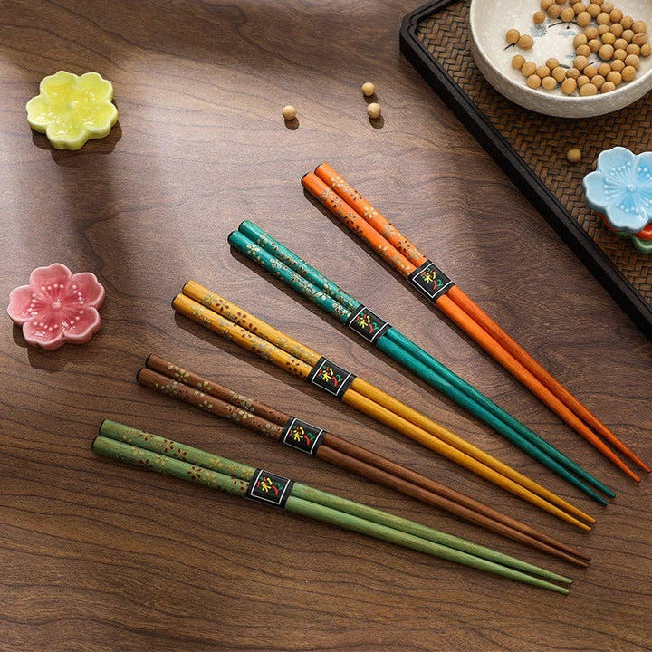 Set of 5 Pairs of Japanese Golden Flowers Wooden Chopsticks and Rests
